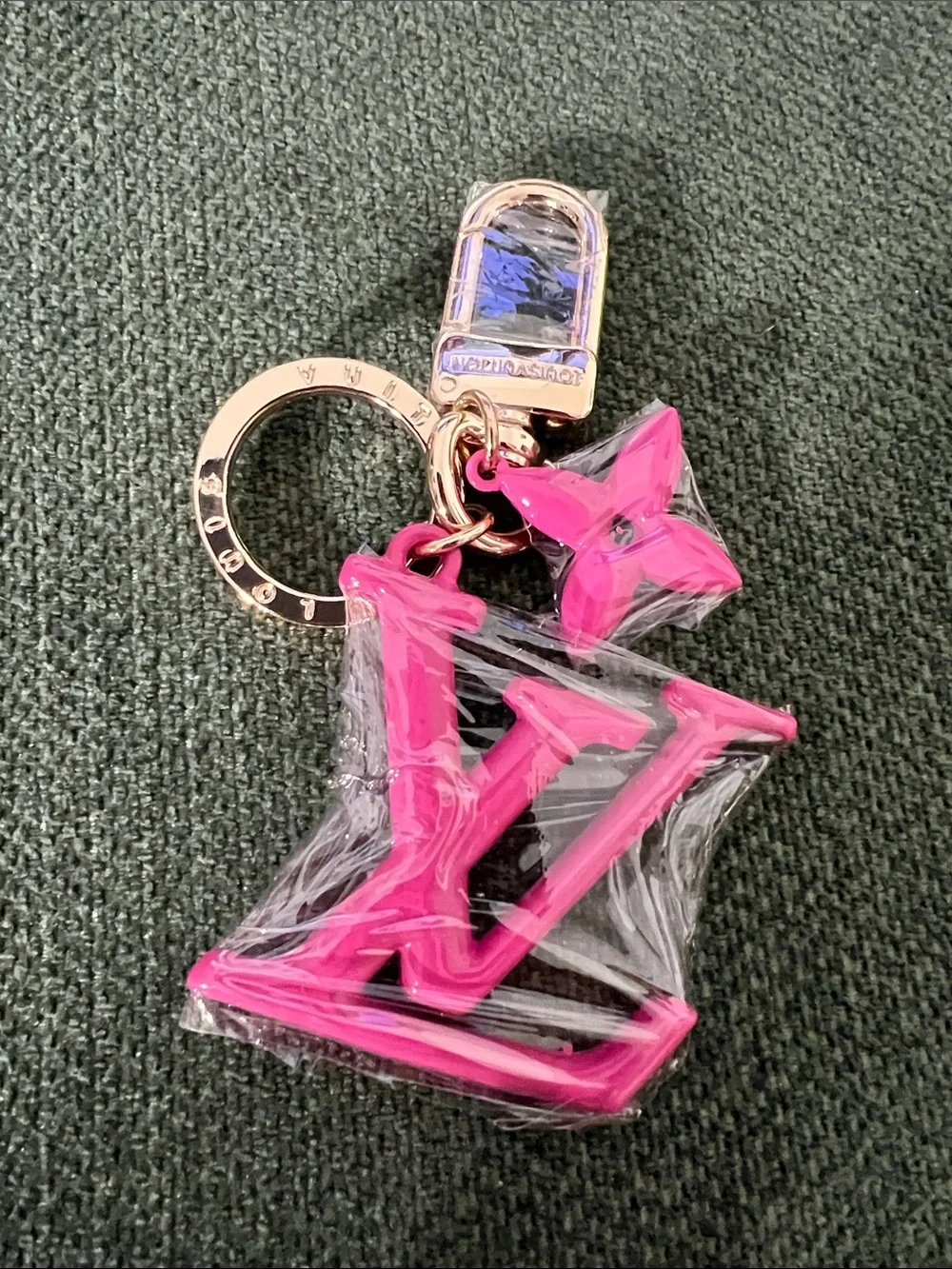 Hot Pink LV Logo Key Charm Phone Accessory with Gold Hardware